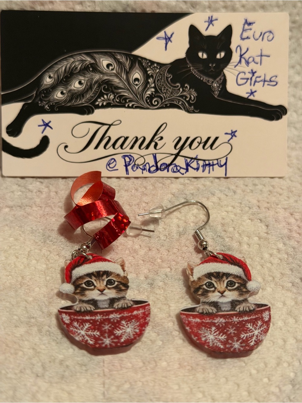 Festive Red Kitten Cat Dangle Earrings with Santa Hat - Euro Kat Gifts